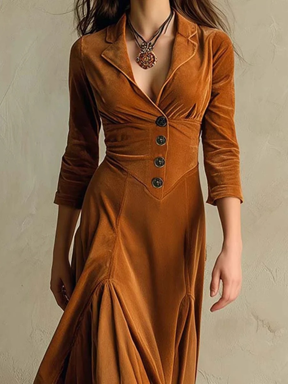 70’s style Rust Brown Velvet Button-Front Maxi Dress Pleated NWOT
